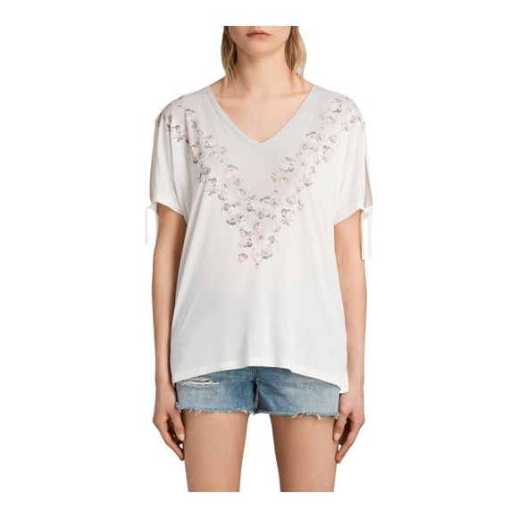 All Saints Cream Embellished Short Sleeve Relaxed Blouse Size S - Picture 5 of 14